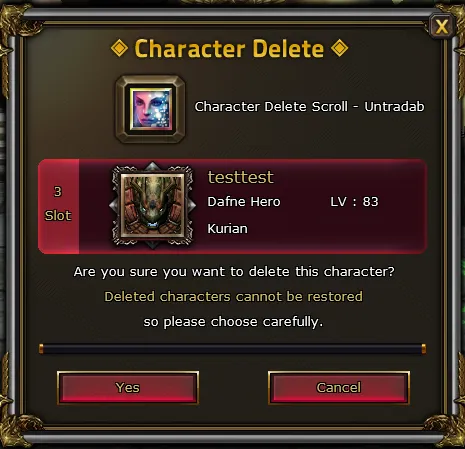 Knight Online Character Delete Scroll son onay ekranı