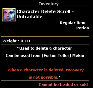 Knight Online Character Delete menüsü ve Fortune Teller Mekin NPC ekranı
