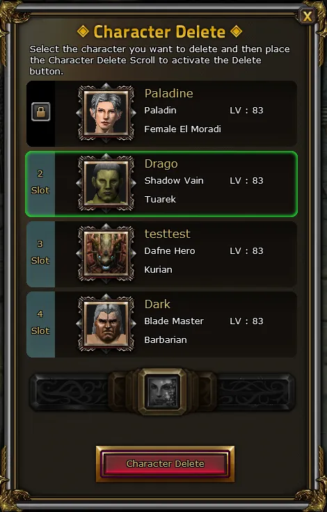 Knight Online Character Delete penceresinde silinecek karakter seçimi