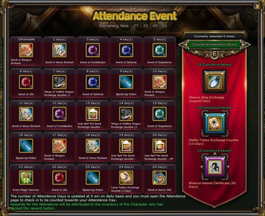 Knight Online Günlük Giriş Etkinliği resmi ödül tablosu