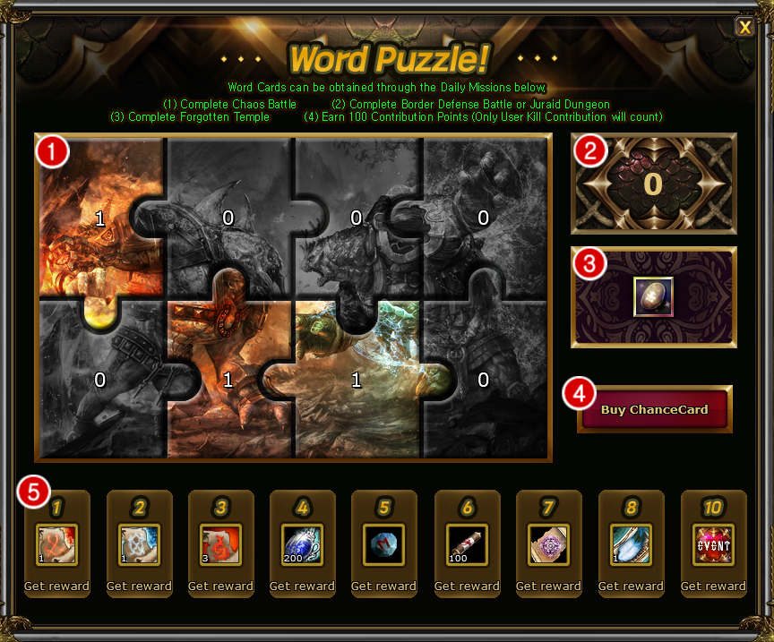 Knight Online Word Puzzle etkinlik ekranı ve numaralandırılmış bölümleri